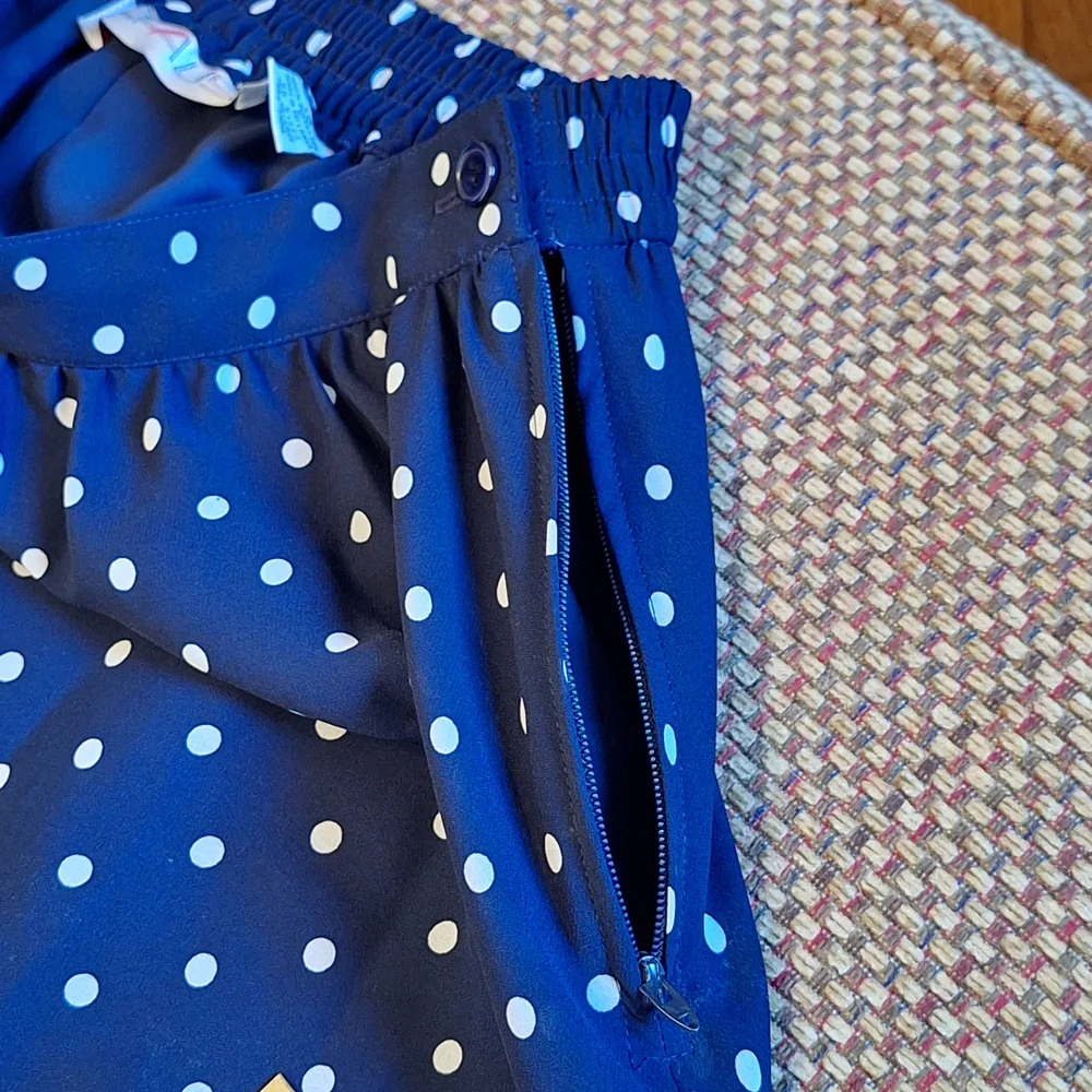 Chaus Vintage Sheer Navy and White Polka Dot Blouse And Adjustable Waist Skirt